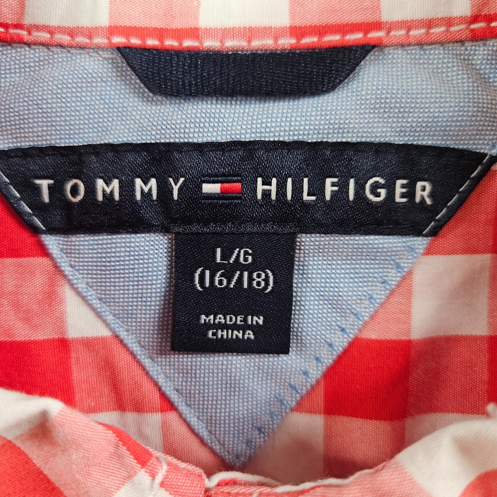 NEW Tommy Hilfiger Shirt Boy Large 16 18 Button Up Orange White Plaid - Picture 4 of 10